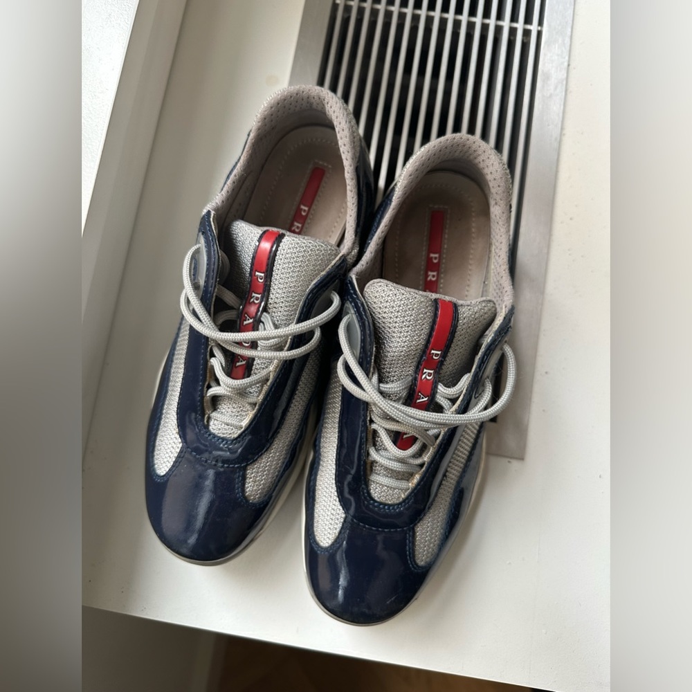 Patent blue prada sneakers